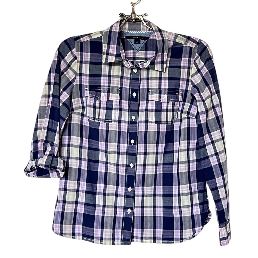 Tommy Hilfiger Women's Purple Plaid Button Down Long Sleeve Shirt Size M